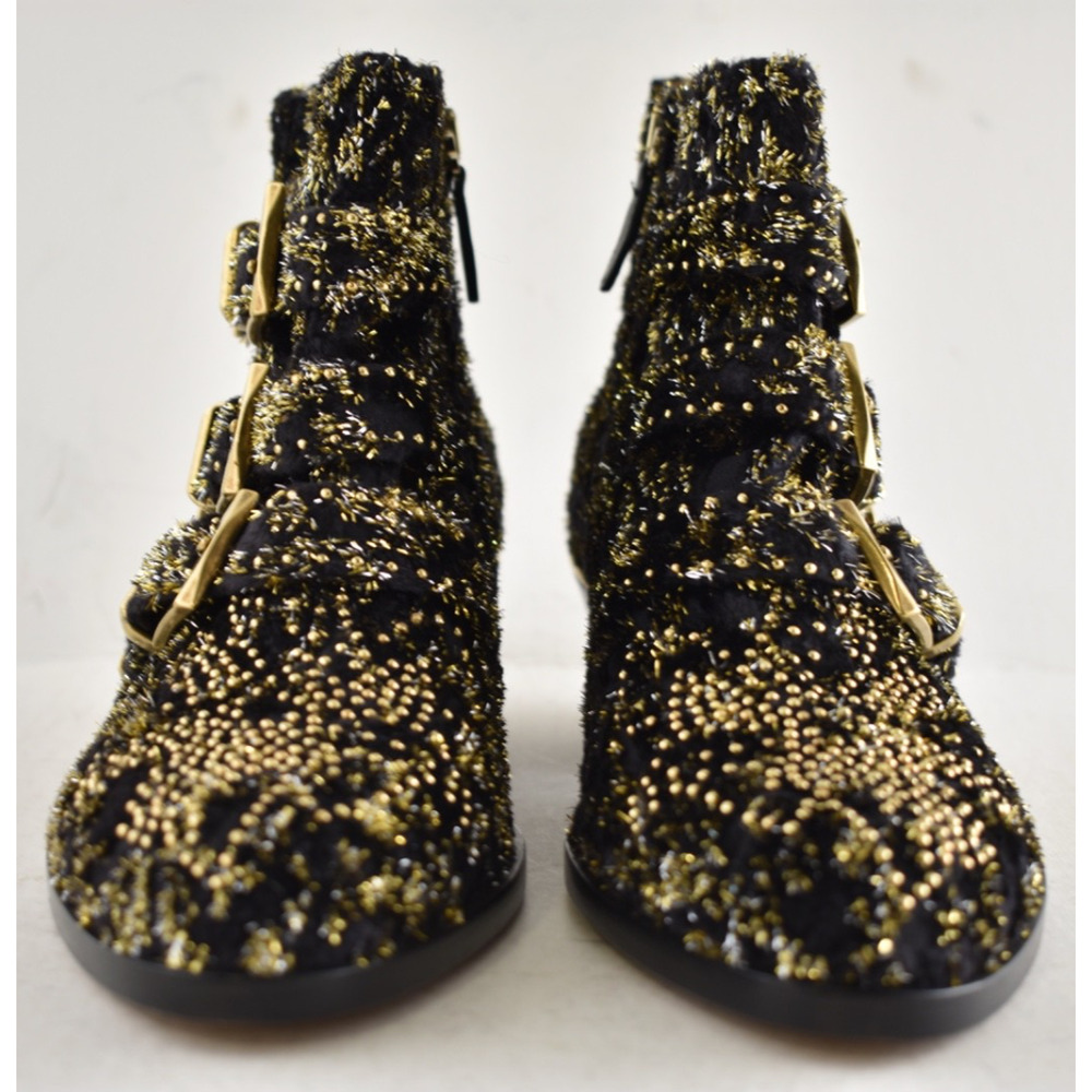Chloe Suzanna Black Gold Velvet Coupe Studded Short Zipper Ankle Heel Bootie 37 - Picture 9 of 15